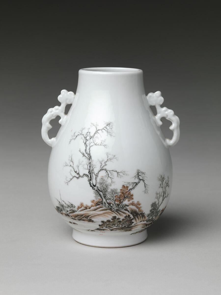 Vase with gentlemen in a landscape (one of a pair), Porcelain painted in overglaze black and red enamels (Jingdezhen ware), China