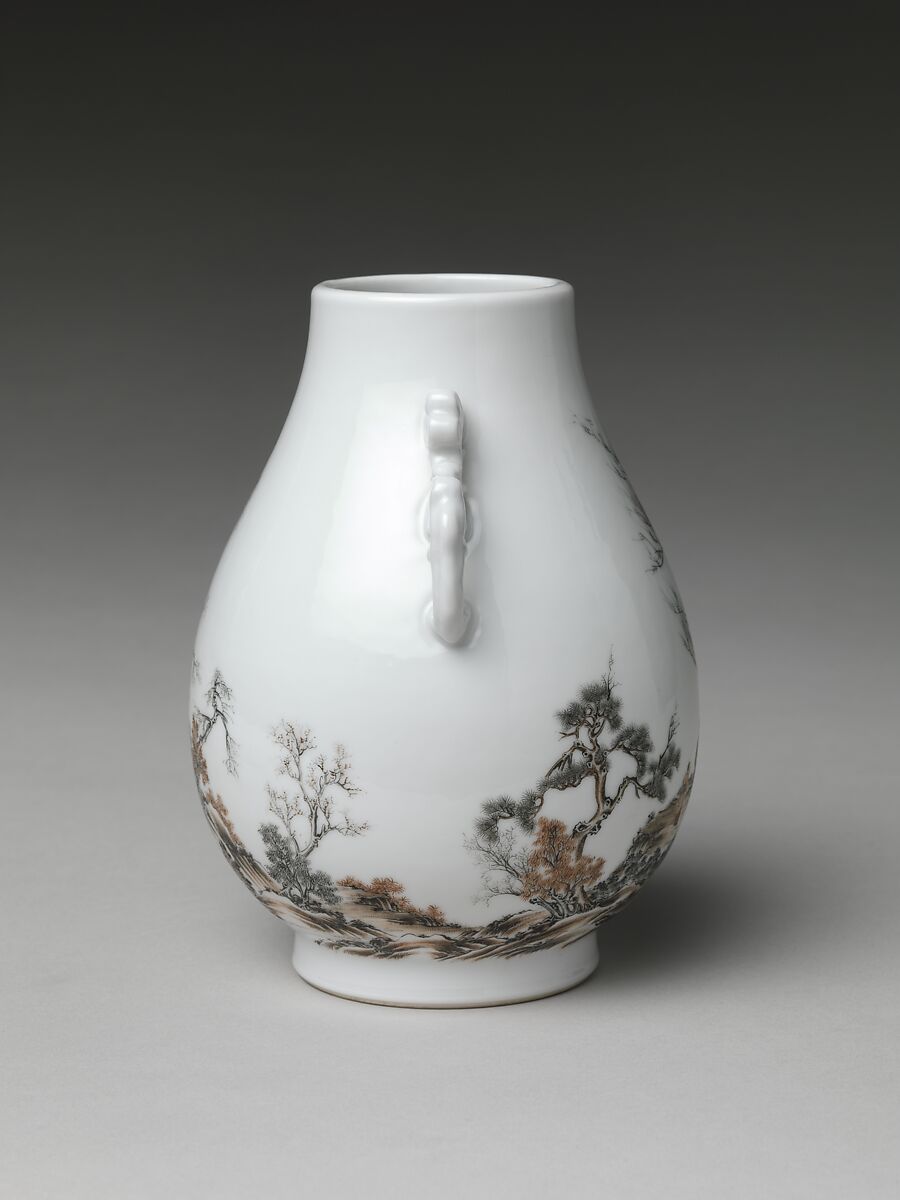 Vase with gentlemen in a landscape (one of a pair), Porcelain painted in overglaze black and red enamels (Jingdezhen ware), China