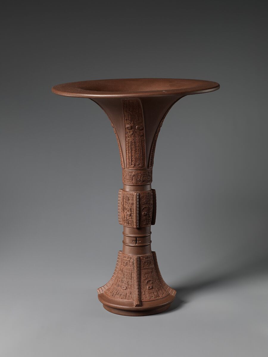 Vase in the shape of an archaic bronze vessel (gu), Chen Jinhou (Chinese, active 18th century), Stoneware with relief decoration (Yixing ware), China