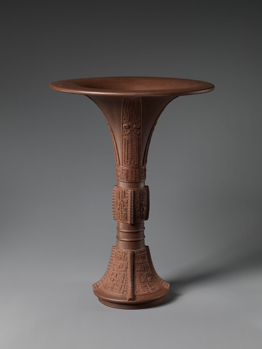 Vase in the shape of an archaic bronze vessel (gu), Chen Jinhou (Chinese, active 18th century), Stoneware with relief decoration (Yixing ware), China