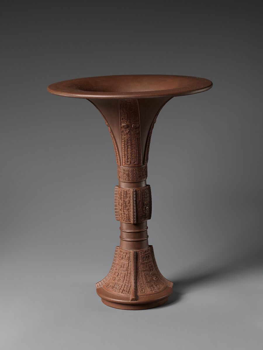 Vase in the shape of an archaic bronze vessel (gu), Chen Jinhou (Chinese, active 18th century), Stoneware with relief decoration (Yixing ware), China
