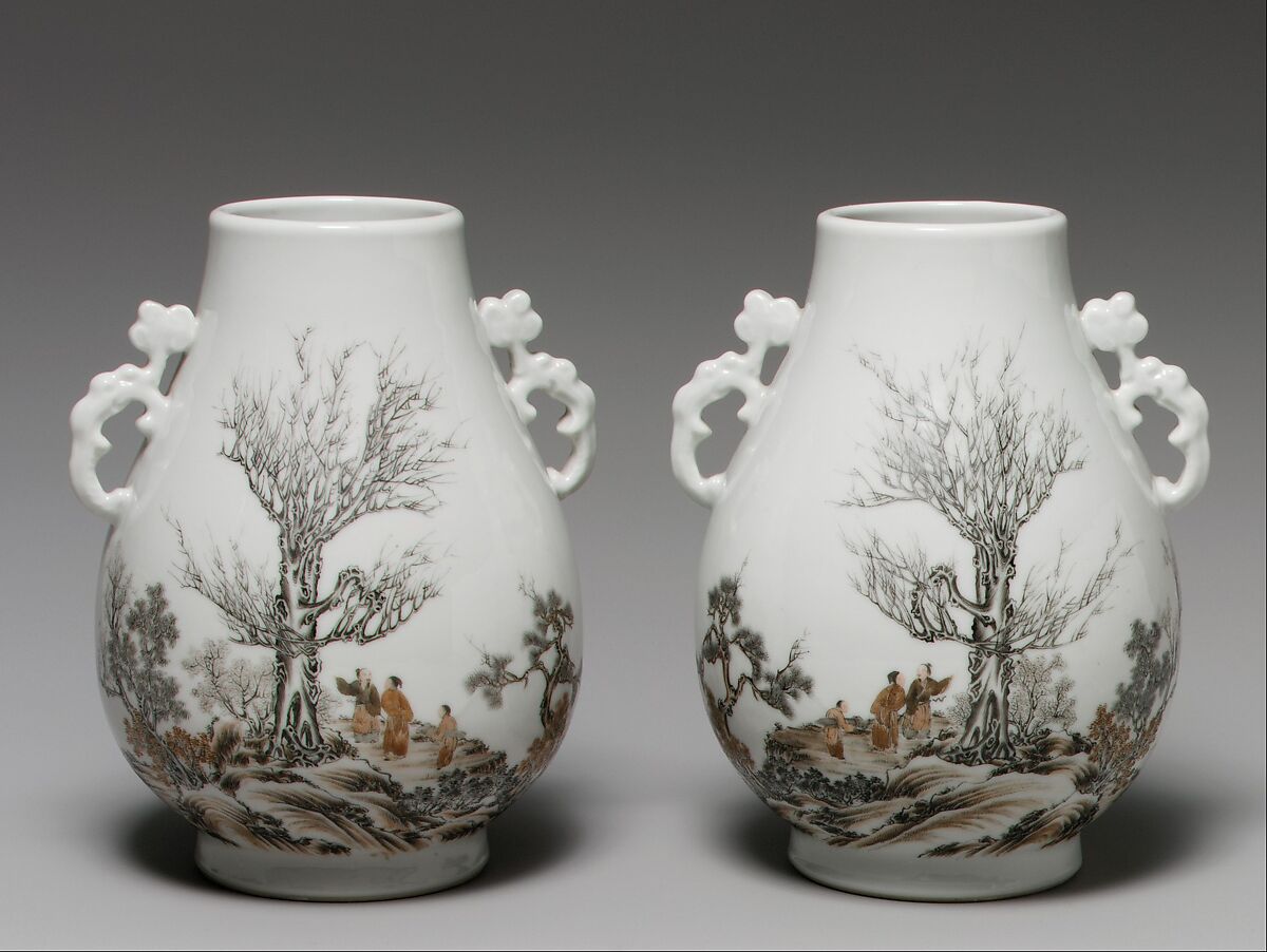 Vase with gentlemen in a landscape (one of a pair), Porcelain painted in overglaze black and red enamels (Jingdezhen ware), China