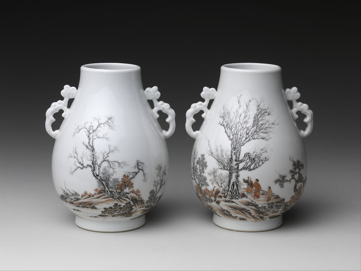 Vase with gentlemen in a landscape (one of a pair), Porcelain painted in overglaze black and red enamels (Jingdezhen ware), China
