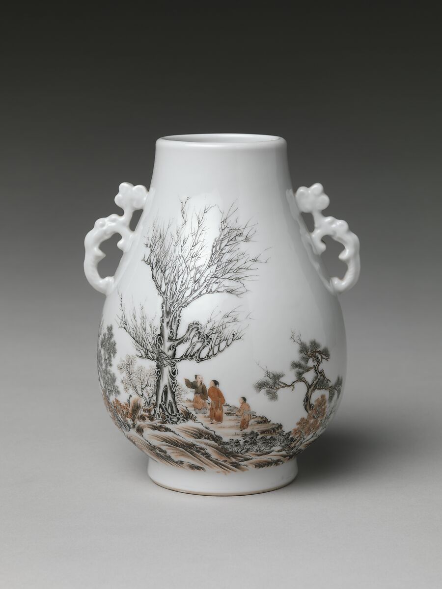 Vase with gentlemen in a landscape (one of a pair), Porcelain painted in overglaze black and red enamels (Jingdezhen ware), China 