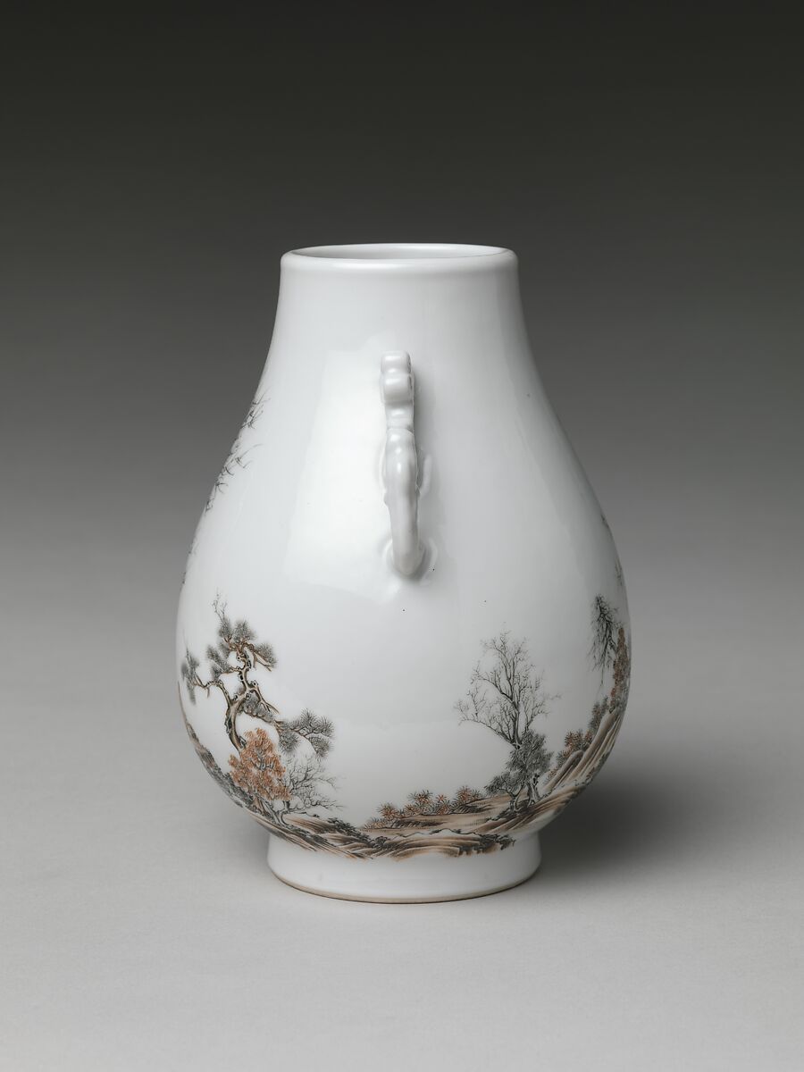 Vase with gentlemen in a landscape (one of a pair), Porcelain painted in overglaze black and red enamels (Jingdezhen ware), China