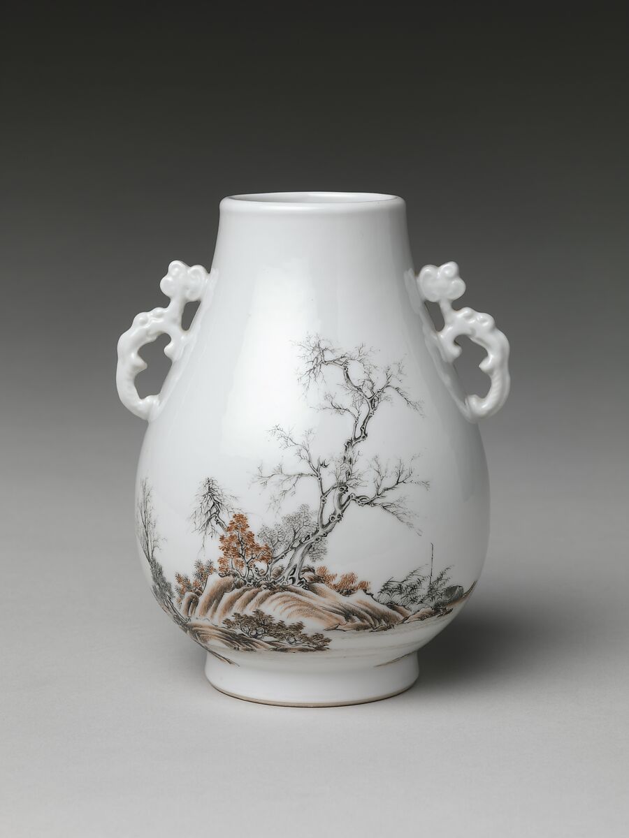 Vase with gentlemen in a landscape (one of a pair), Porcelain painted in overglaze black and red enamels (Jingdezhen ware), China