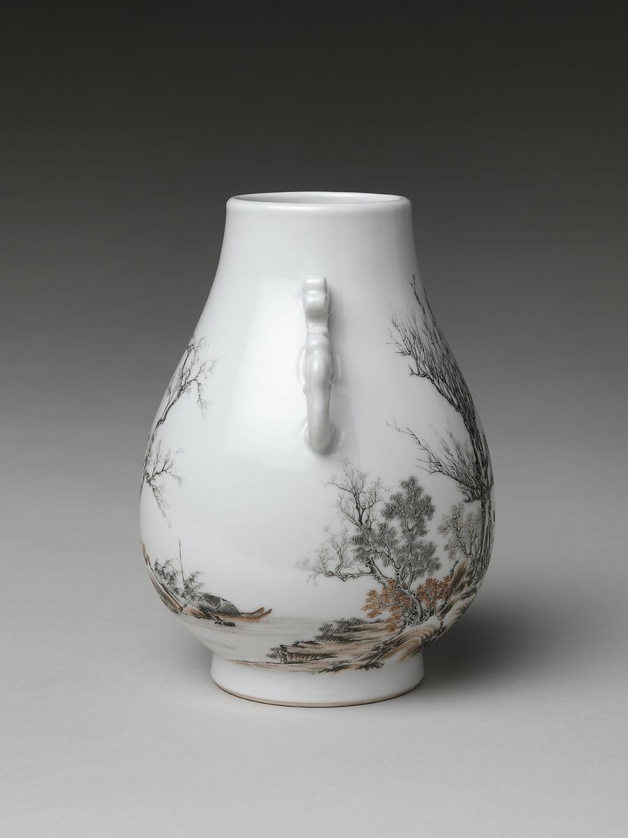 Vase with gentlemen in a landscape (one of a pair), Porcelain painted in overglaze black and red enamels (Jingdezhen ware), China