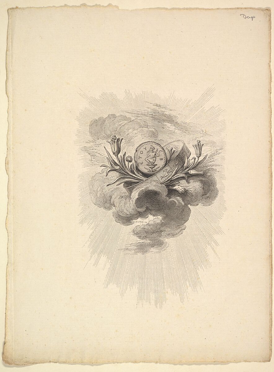 Vignette with a Medal depicting Harpocrate and Lotus Flowers, Volume I, Page 12, from Description des Principales Pierres gravées du Cabinet de S.A.S. Monseigneur le Duc d'Orléans Premier Prince du sang. A Paris chez M. l'abbé de la Chau au Palais-Royal M. l'abbé Le Blond au collége Mazarin Et chez Pissot, libraire, quai des Augustins, Augustin de Saint-Aubin (French, Paris 1736–1807 Paris), Etching and engraving; third state of three (Bocher) 