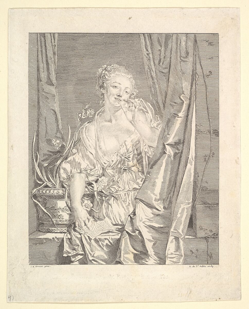 Le Baiser Envoyé (Blowing a Kiss), Augustin de Saint-Aubin (French, Paris 1736–1807 Paris), Etching; first state of five (Bocher) 
