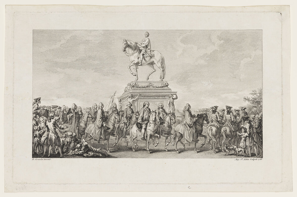 The Inauguration of the Statue of Louis XV, Vignette on page 1, from Description des Travaux qui ont précédé. accompagné et suivi la fonte en bronze d'un seul jet de la Statue Equèstre de Louis XV le bien-aimé dressée sur les mémoires de M. Lempereur ancien Echevin.  Par M. Mariette, Honoraire amateur de l'Académie Royale de Peinture et Sculpture, A Paris de l'Imprimerie de P.G. Le Mercier, Augustin de Saint-Aubin (French, Paris 1736–1807 Paris), Etching and engraving; second state of two (Bocher) 