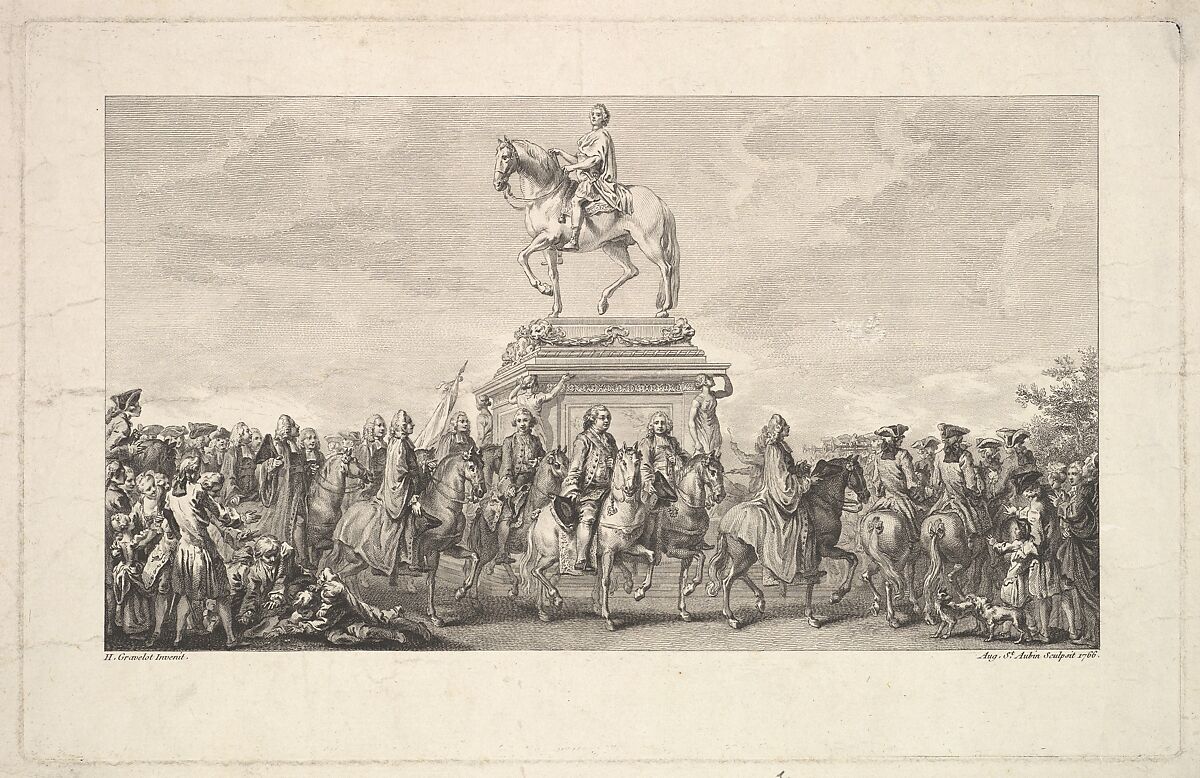 The Inauguration of the Statue of Louis XV, Vignette on page 1, from Description des Travaux qui ont précédé. accompagné et suivi la fonte en bronze d'un seul jet de la Statue Equèstre de Louis XV le bien-aimé dressée sur les mémoires de M. Lempereur ancien Echevin.  Par M. Mariette, Honoraire amateur de l'Académie Royale de Peinture et Sculpture, A Paris de l'Imprimerie de P.G. Le Mercier, Augustin de Saint-Aubin (French, Paris 1736–1807 Paris), Etching and engraving; second state of two (Bocher)