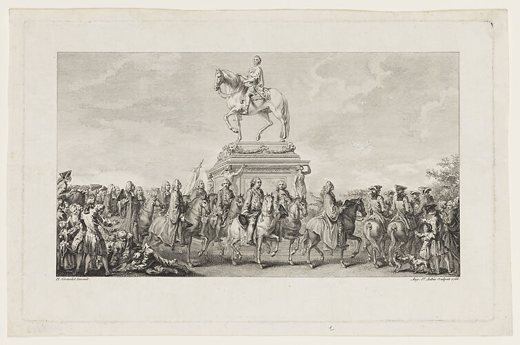 The Inauguration of the Statue of Louis XV, Vignette on page 1, from Description des Travaux qui ont précédé. accompagné et suivi la fonte en bronze d'un seul jet de la Statue Equèstre de Louis XV le bien-aimé dressée sur les mémoires de M. Lempereur ancien Echevin.  Par M. Mariette, Honoraire amateur de l'Académie Royale de Peinture et Sculpture, A Paris de l'Imprimerie de P.G. Le Mercier