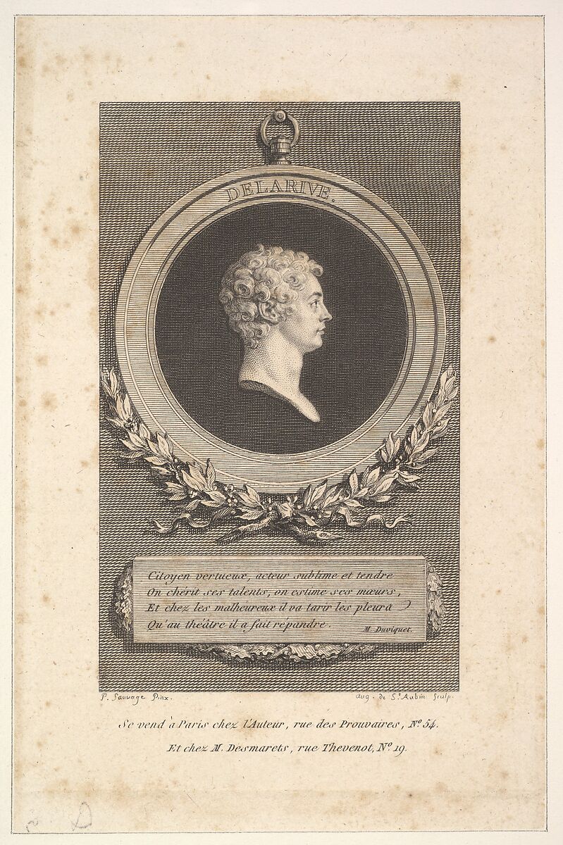 Portrait of De Larive, Augustin de Saint-Aubin (French, Paris 1736–1807 Paris), Etching and engraving; sixth state of seven (Bocher) 