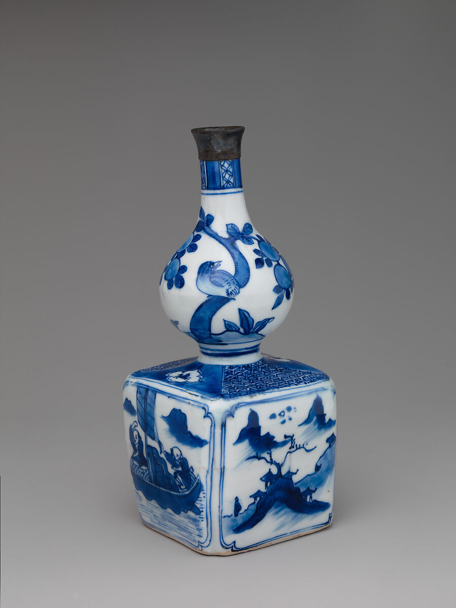 Wine bottle with decoration of landscape and poem, Porcelain painted in underglaze cobalt blue (Jingdezhen ware), China 
