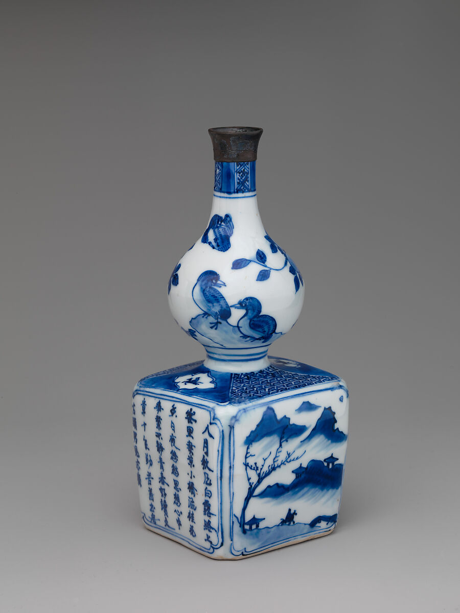 Wine bottle with decoration of landscape and poem, Porcelain painted in underglaze cobalt blue (Jingdezhen ware), China