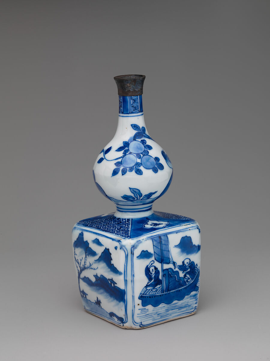 Wine bottle with decoration of landscape and poem, Porcelain painted in underglaze cobalt blue (Jingdezhen ware), China