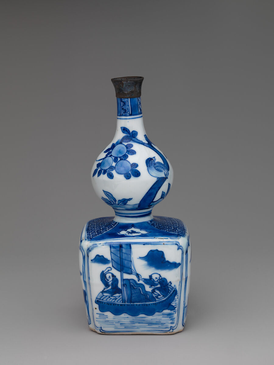 Wine bottle with decoration of landscape and poem, Porcelain painted in underglaze cobalt blue (Jingdezhen ware), China
