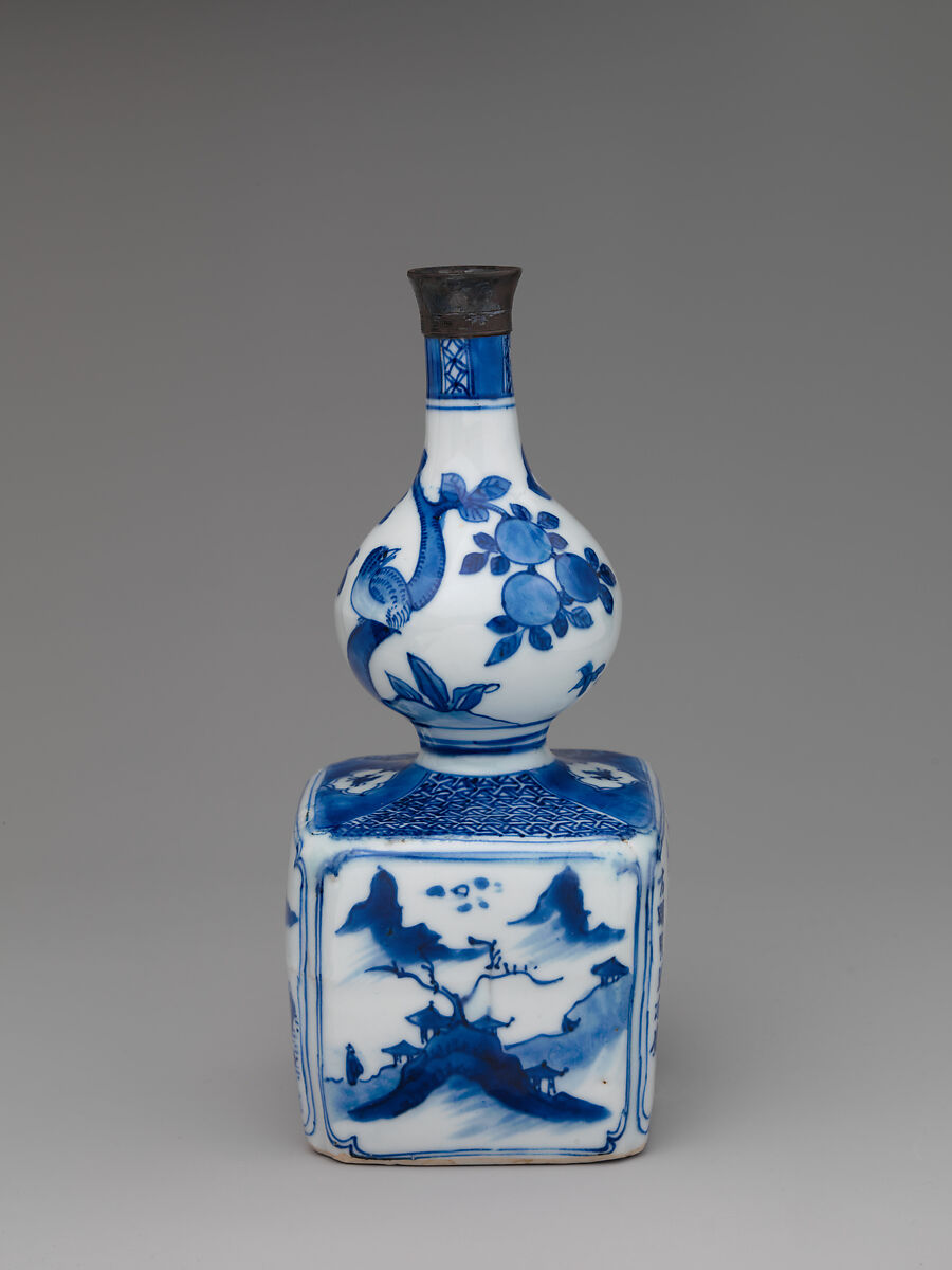 Wine bottle with decoration of landscape and poem, Porcelain painted in underglaze cobalt blue (Jingdezhen ware), China
