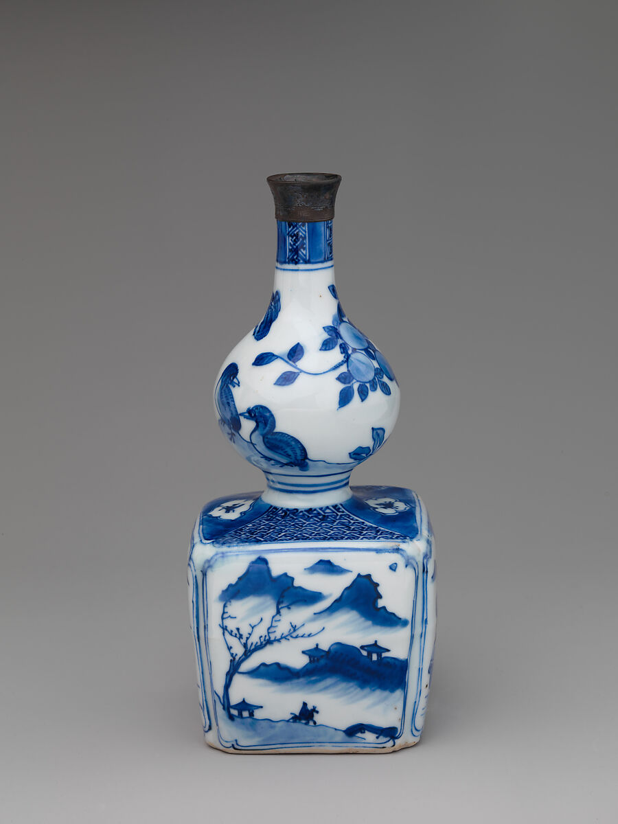 Wine bottle with decoration of landscape and poem, Porcelain painted in underglaze cobalt blue (Jingdezhen ware), China