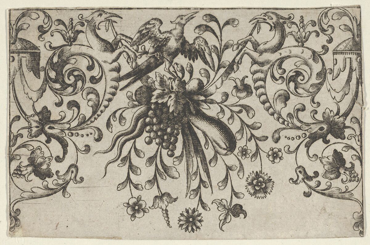 Design for Silverwork with Garlands, Birds, and Grotesque Motifs, Hieronymus Bang (German, Osnabrück 1553–1630 Nuremberg), Engraving 
