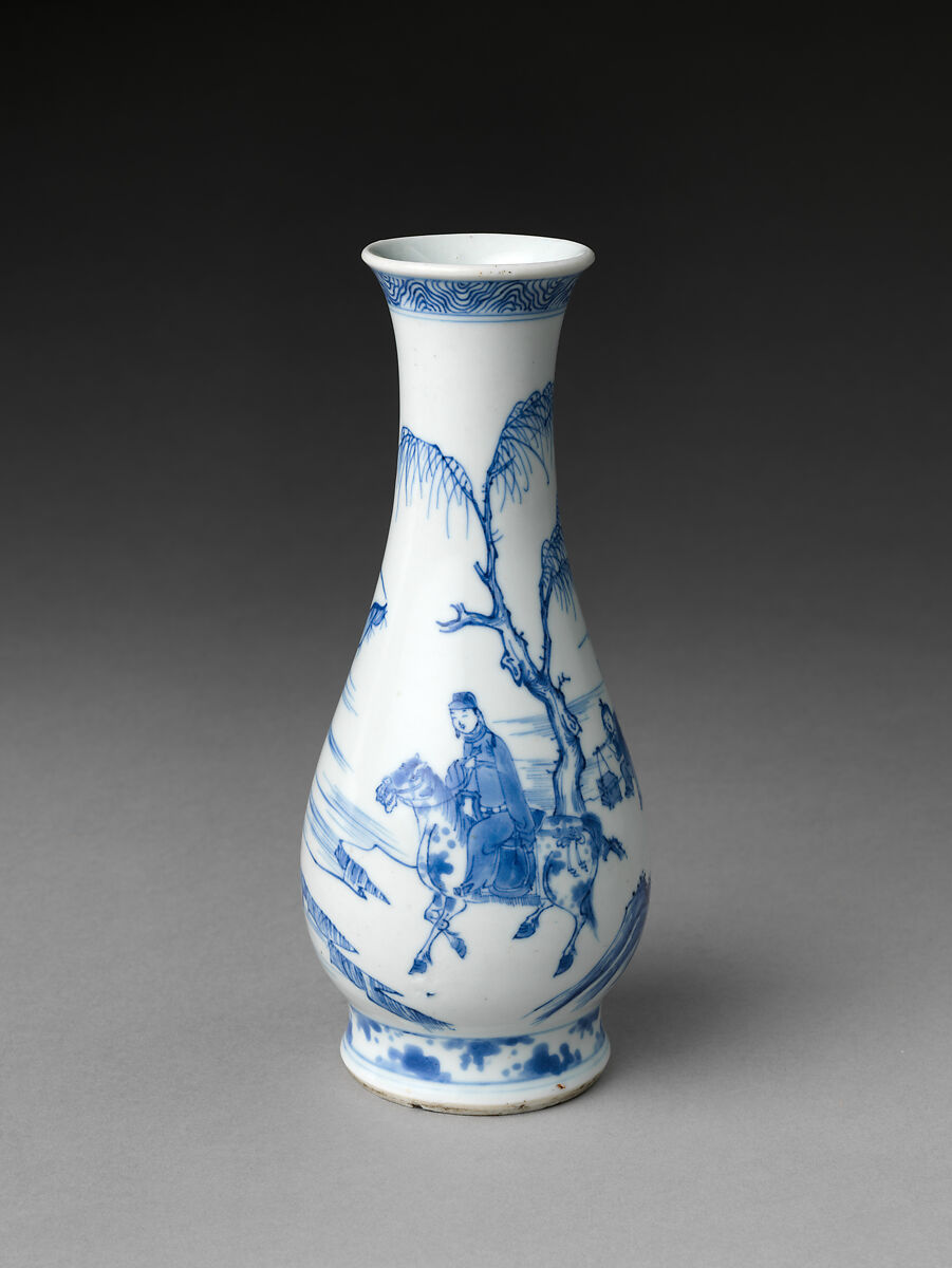 Vase with equestrian figure in landscape, Porcelain painted in underglaze cobalt blue (Jingdezhen ware), China 