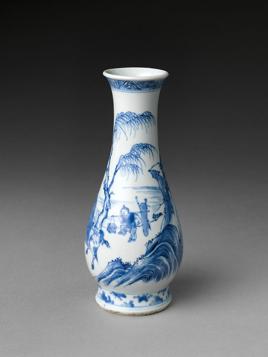 Vase with equestrian figure in landscape, Porcelain painted in underglaze cobalt blue (Jingdezhen ware), China