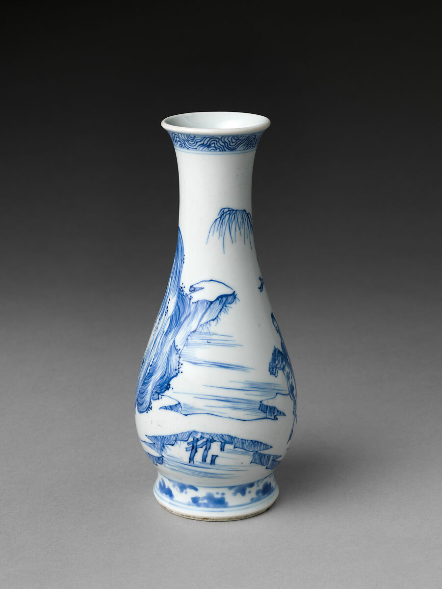Vase with equestrian figure in landscape, Porcelain painted in underglaze cobalt blue (Jingdezhen ware), China