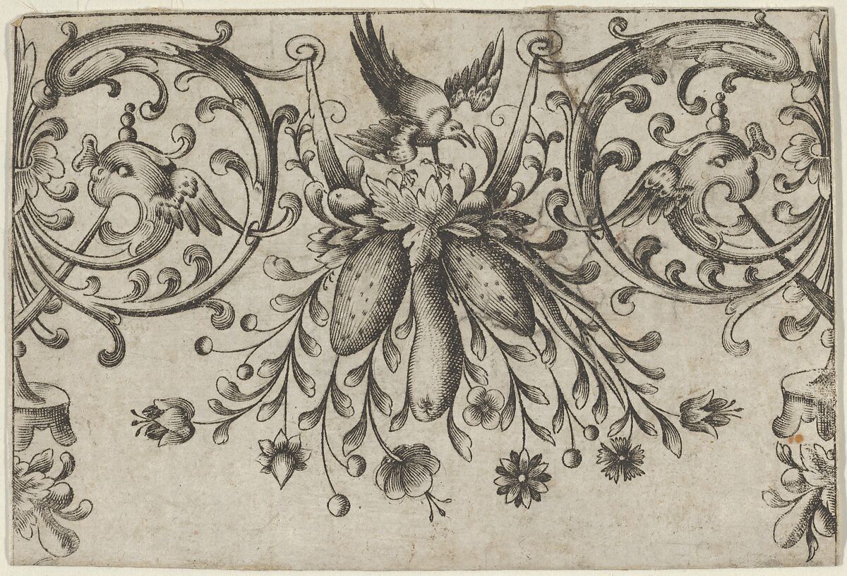 Design for Silverwork with Garlands, Birds, and Grotesque Motifs, Hieronymus Bang (German, Osnabrück 1553–1630 Nuremberg), Engraving 