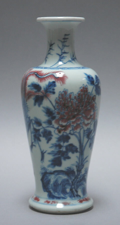 Vase with Phoenix and Peonies, Porcelain painted with cobalt blue and copper red under a clear glaze (Jiangxi Province; Jingdezhen ware), China
