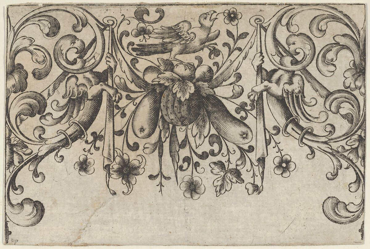 Design for Silverwork with Garlands, Birds, and Grotesque Motifs, Hieronymus Bang (German, Osnabrück 1553–1630 Nuremberg), Engraving 