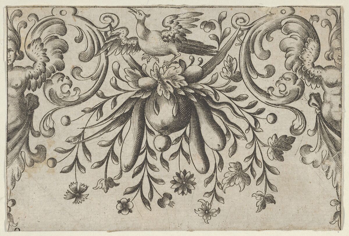 Design for Silverwork with Garlands, Birds, and Grotesque Motifs, Hieronymus Bang (German, Osnabrück 1553–1630 Nuremberg), Engraving 