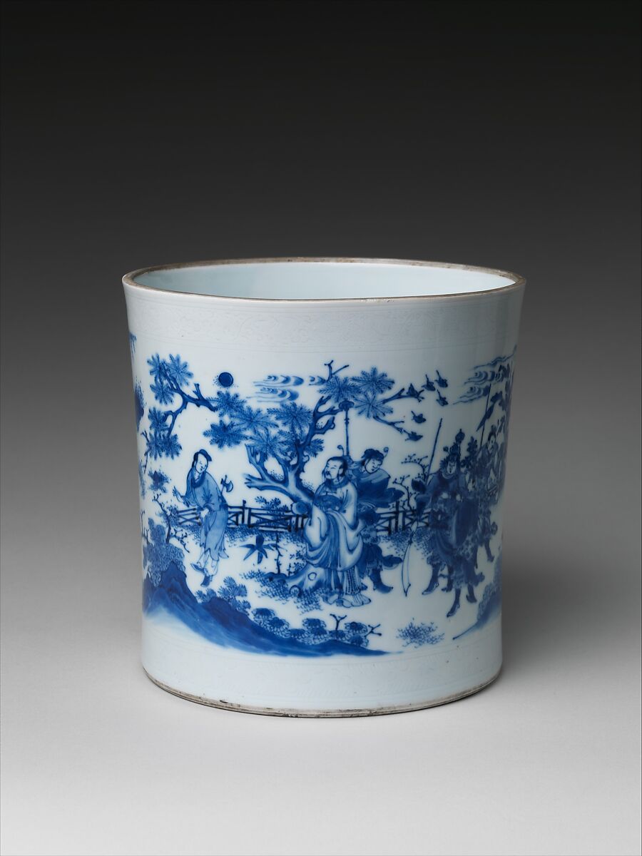 Brush Pot with King Wen and the Scholar Jiang Taigong, Porcelain with incised decoration painted with cobalt blue under transparent glaze (Jingdezhen ware), China 