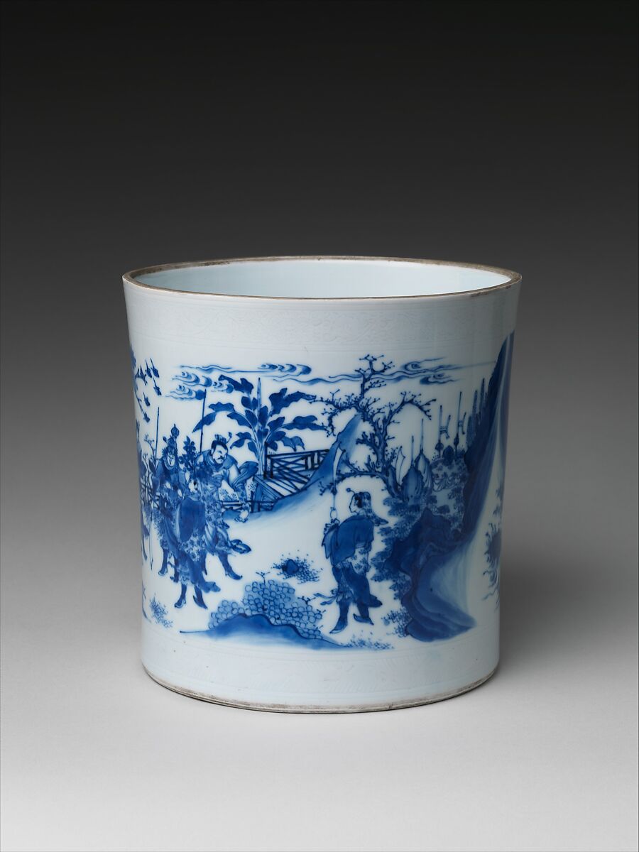 Brush Pot with King Wen and the Scholar Jiang Taigong, Porcelain with incised decoration painted with cobalt blue under transparent glaze (Jingdezhen ware), China