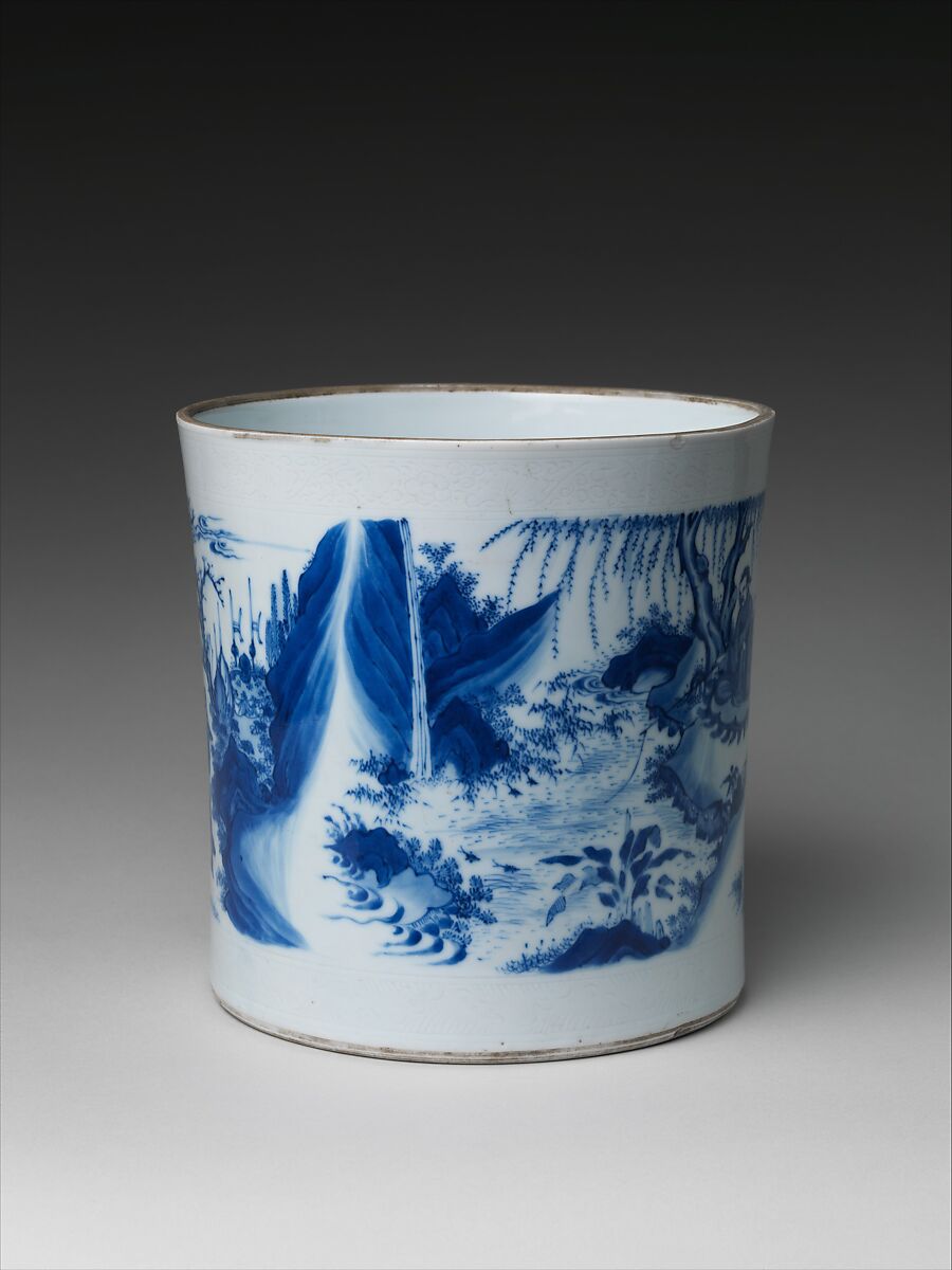 Brush Pot with King Wen and the Scholar Jiang Taigong, Porcelain with incised decoration painted with cobalt blue under transparent glaze (Jingdezhen ware), China