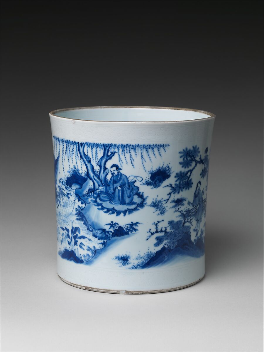 Brush Pot with King Wen and the Scholar Jiang Taigong, Porcelain with incised decoration painted with cobalt blue under transparent glaze (Jingdezhen ware), China