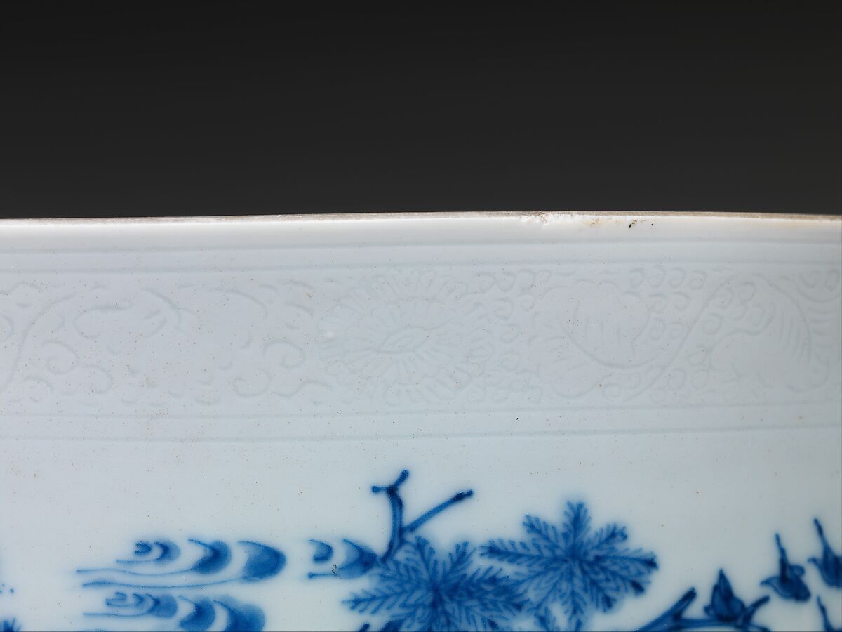 Brush Pot with King Wen and the Scholar Jiang Taigong, Porcelain with incised decoration painted with cobalt blue under transparent glaze (Jingdezhen ware), China