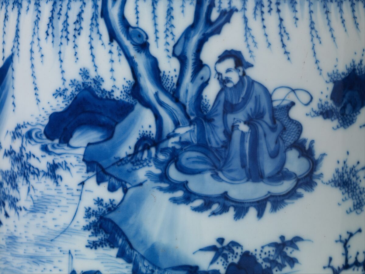 Brush Pot with King Wen and the Scholar Jiang Taigong, Porcelain with incised decoration painted with cobalt blue under transparent glaze (Jingdezhen ware), China