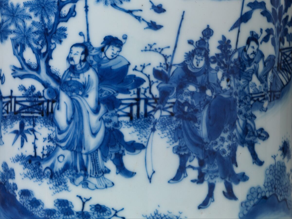 Brush Pot with King Wen and the Scholar Jiang Taigong, Porcelain with incised decoration painted with cobalt blue under transparent glaze (Jingdezhen ware), China