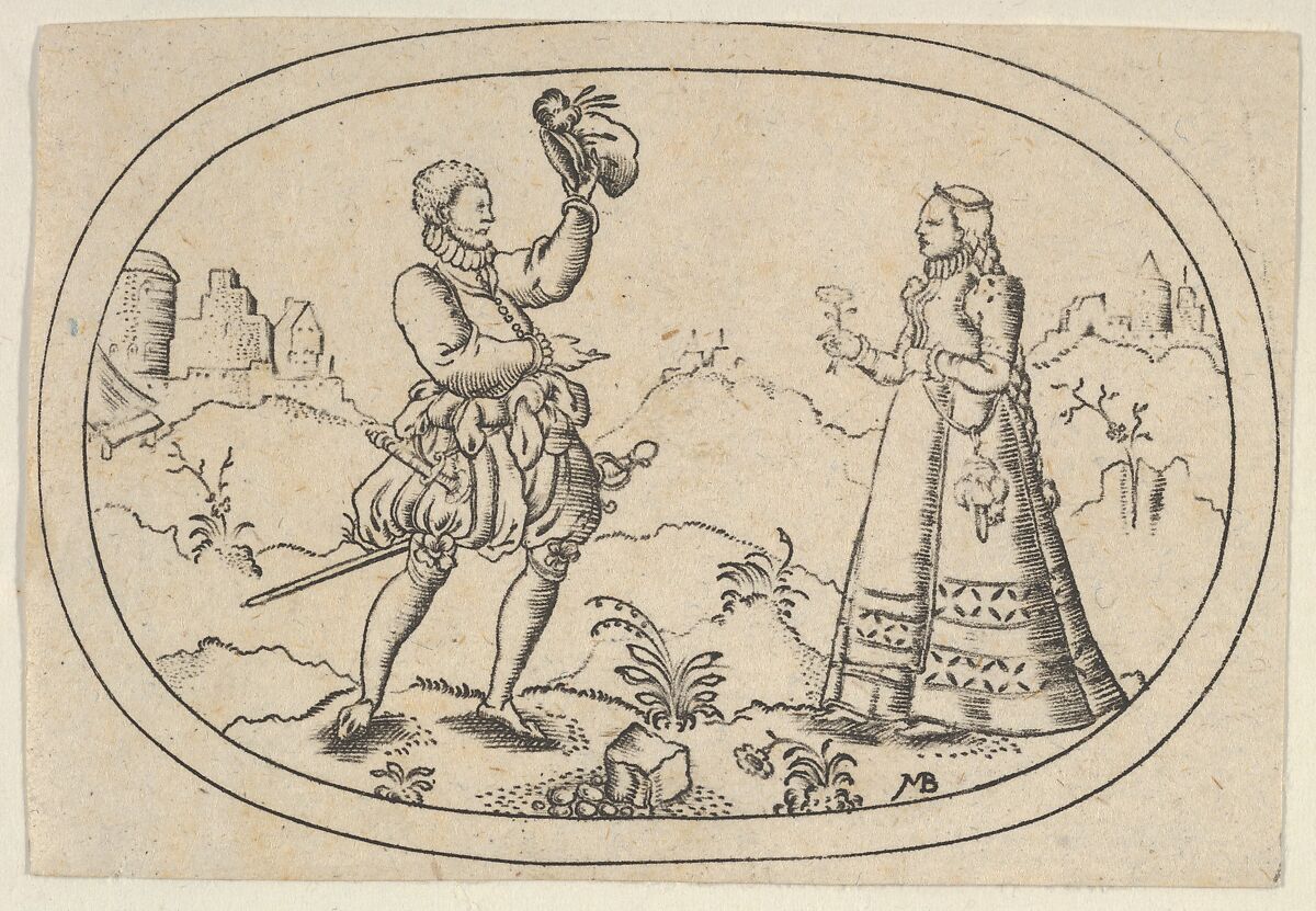 A Gentleman Greets a Lady, from Das Bossenbüchlein, Mathais Beitler (German, Ansbach, active ca. 1582–1616), Engraving 