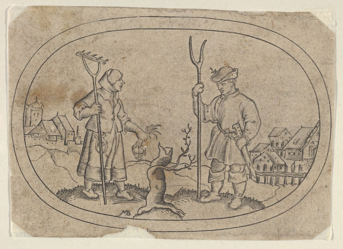 A Farmer and a Villager, from Das Bossenbüchlein, Mathais Beitler (German, Ansbach, active ca. 1582–1616), Engraving 