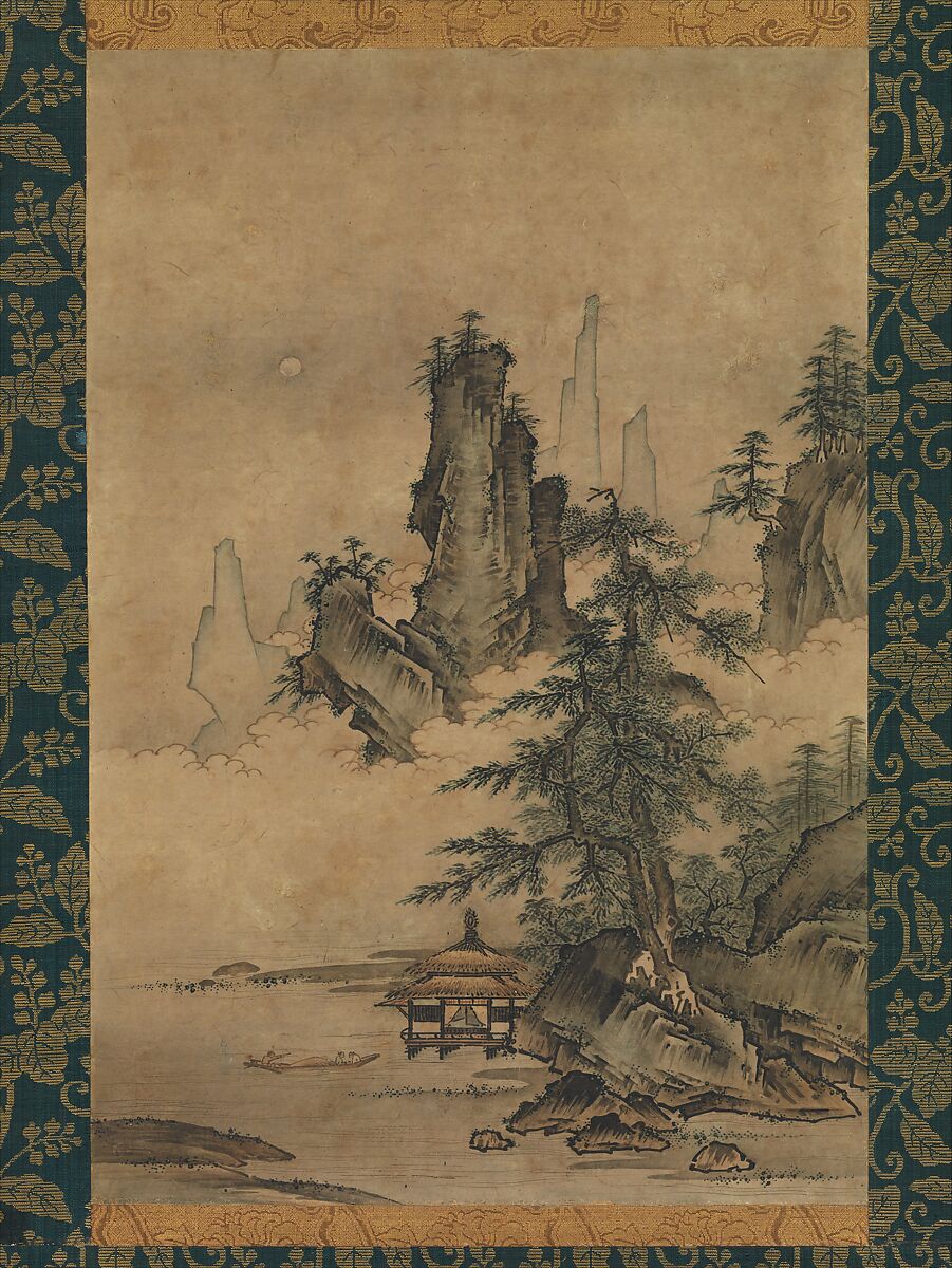 Landscape, Maejima Sōyū (active mid-16th century), Hanging scroll; ink and color on paper, Japan 