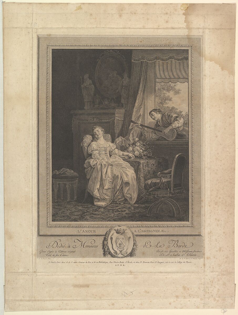 L'Amour a L'Espagnole, Augustin de Saint-Aubin (French, Paris 1736–1807 Paris), Etching and engraving; fifth state of five (Bocher) 