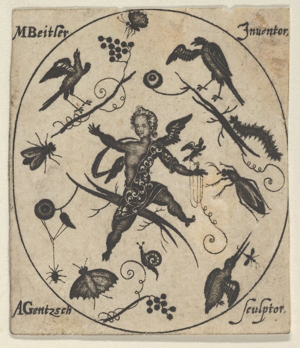 Blackwork Design for Goldsmithwork with a Putto, Birds and Insects, Andreas Gentzsch (German, active Augsburg, ca. 1600), Engraving and blackwork 