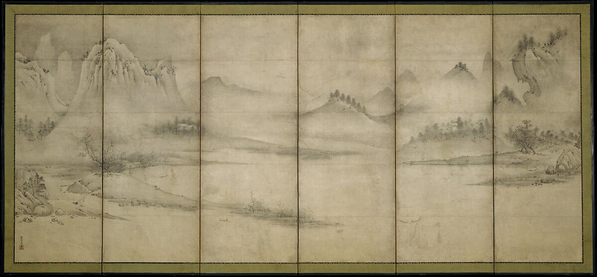 Landscape of the Four Seasons (Eight Views of the Xiao and Xiang Rivers), Sōami (Japanese, died 1525), Pair of six-panel folding screens; ink on paper, Japan