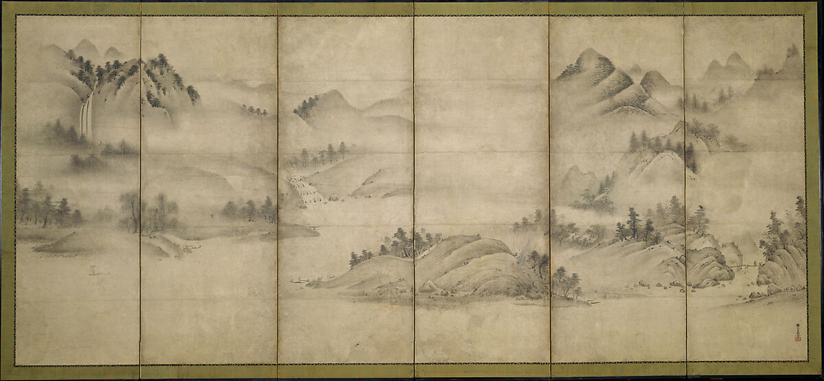 Landscape of the Four Seasons (Eight Views of the Xiao and Xiang Rivers), Sōami (Japanese, died 1525), Pair of six-panel folding screens; ink on paper, Japan 