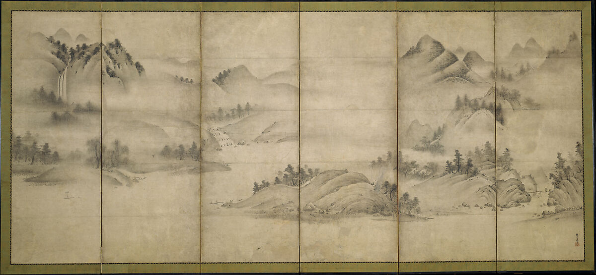 Landscape of the Four Seasons (Eight Views of the Xiao and Xiang Rivers), Sōami  Japanese, Pair of six-panel folding screens; ink on paper, Japan