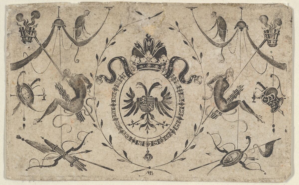 Blackwork Design for Goldsmithwork with the Coat of Arms of a Bishop, Mathais Beitler (German, Ansbach, active ca. 1582–1616), Engraving and blackwork 