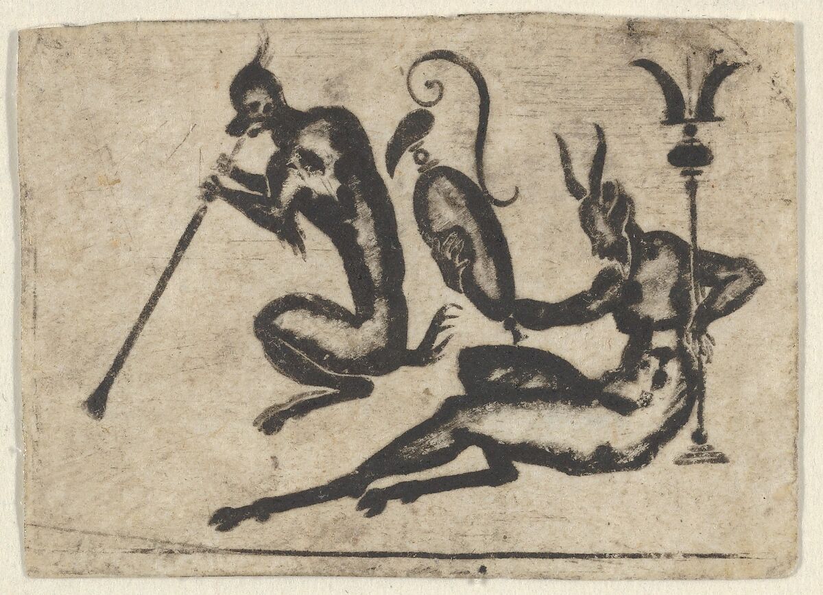 Blackwork Design for Goldsmithwork with Satyr and Monkey, Attributed to Mathais Beitler (German, Ansbach, active ca. 1582–1616), Engraving and blackwork 