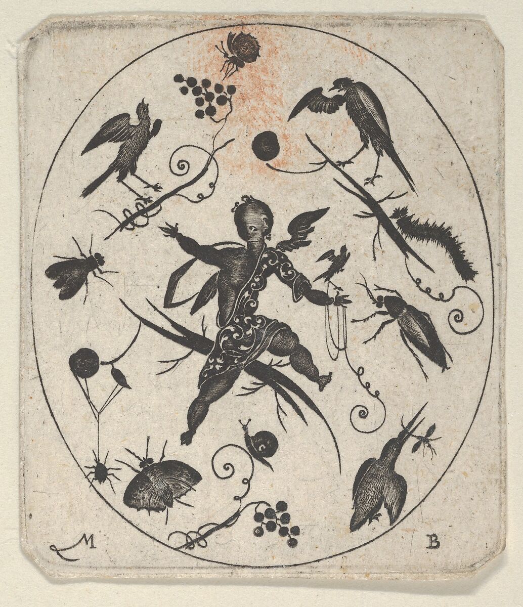 Blackwork Design for Goldsmithwork with a Putto, Birds and Insects, Mathais Beitler (German, Ansbach, active ca. 1582–1616), Engraving and blackwork 