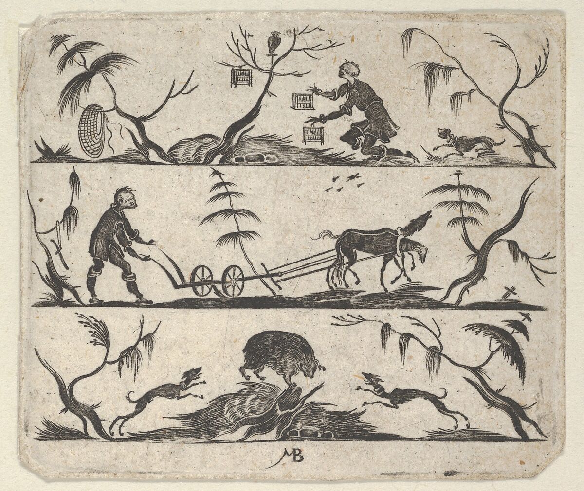 Blackwork Design for Goldsmithwork with a Bee-Keeper, a Farmer and a Boar, Mathais Beitler (German, Ansbach, active ca. 1582–1616), Engraving and blackwork 